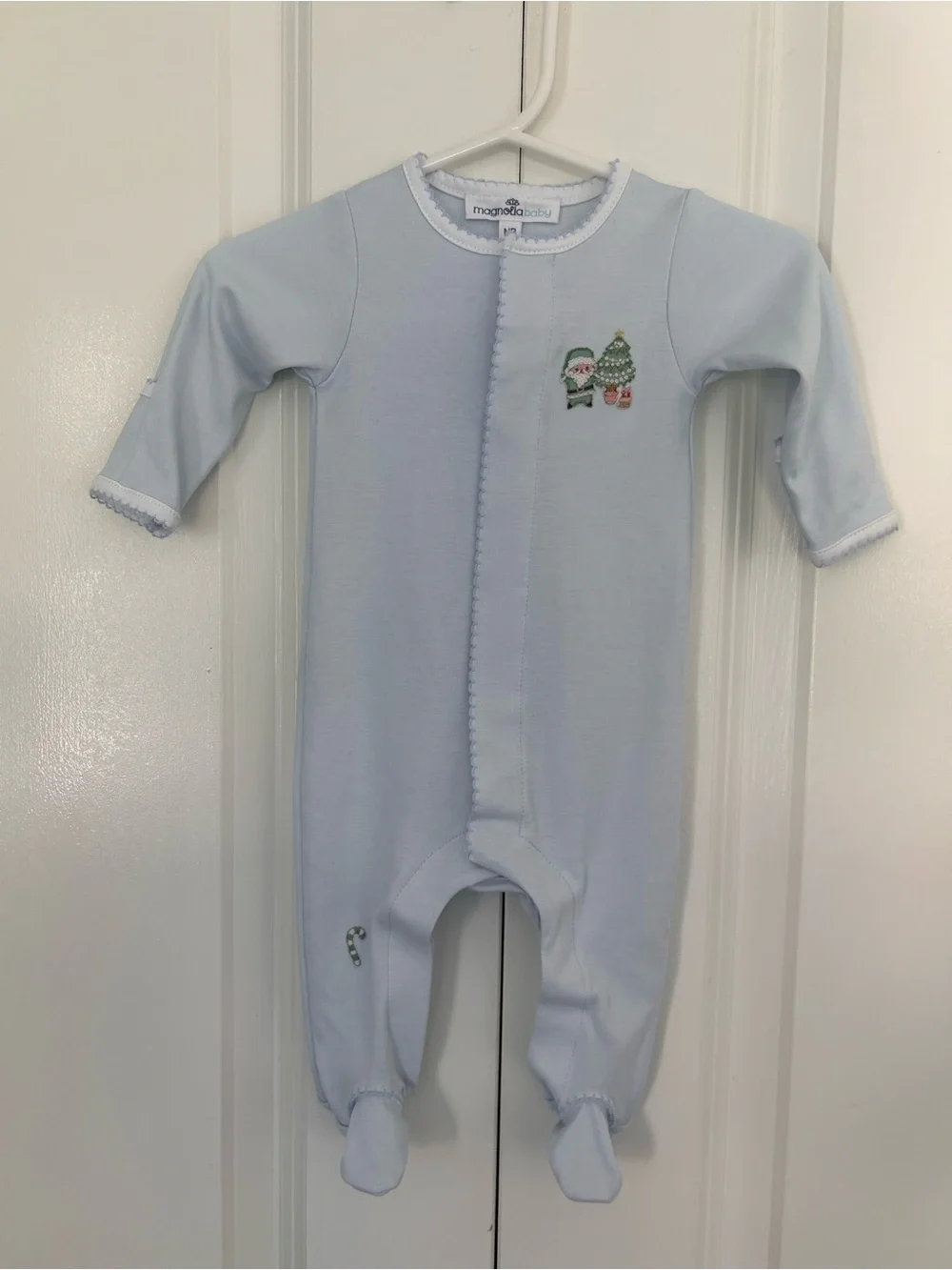 Magnolia Baby newborn baby light blue footie embroidered Santa Christmas tree